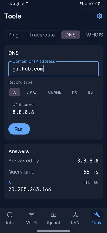 DNS lookup result showing the records returned and which server answered