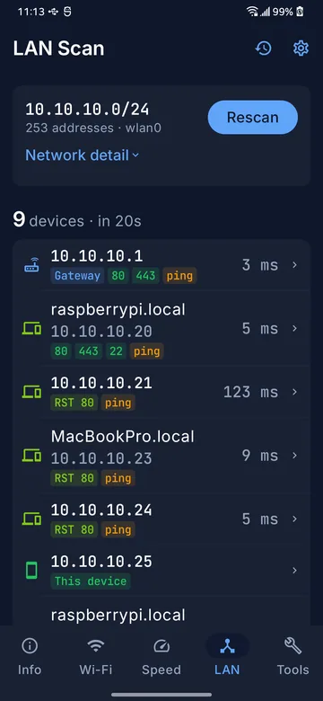 Finished LAN scan listing nine discovered hosts with round-trip times
