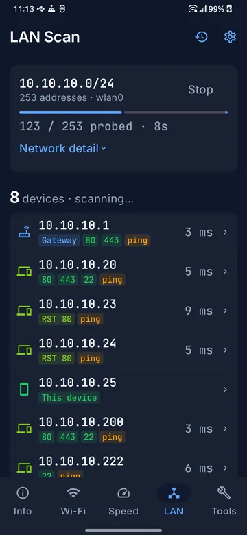 LAN scan in progress, showing addresses swept so far and hosts found