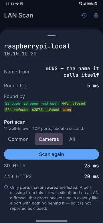Port scan of one host with the camera profile selected and the answering ports listed