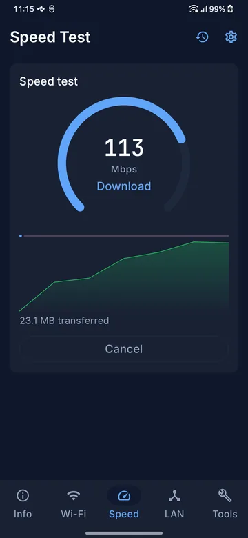 Speed test running the download phase, with a live gauge and a throughput chart