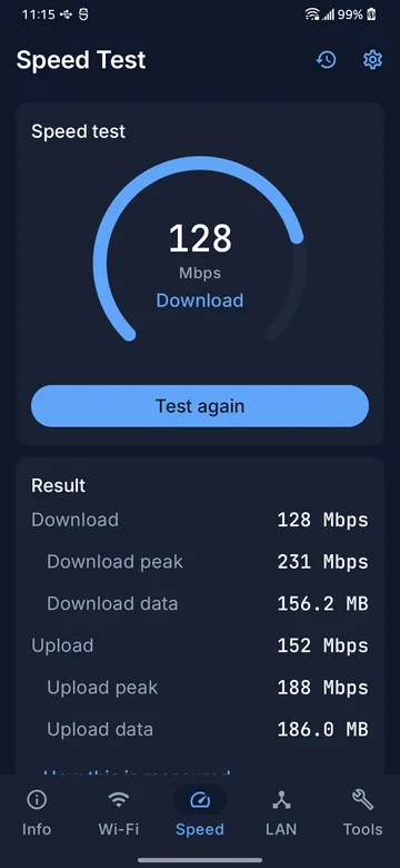 Finished speed test showing download, upload, latency and jitter
