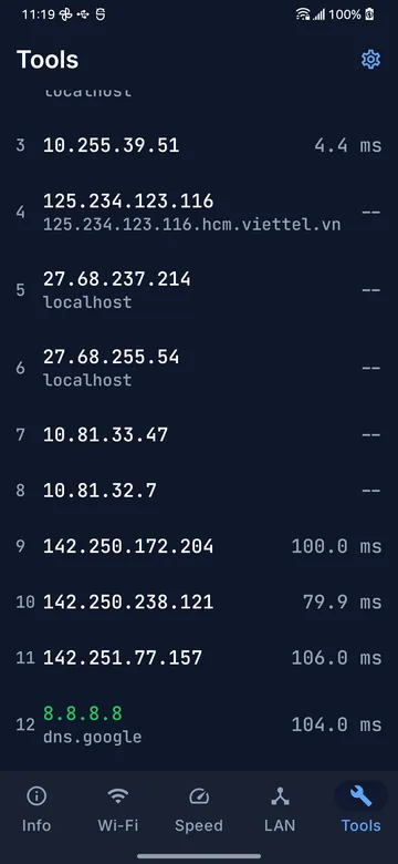 Traceroute listing each hop with its address and round-trip time